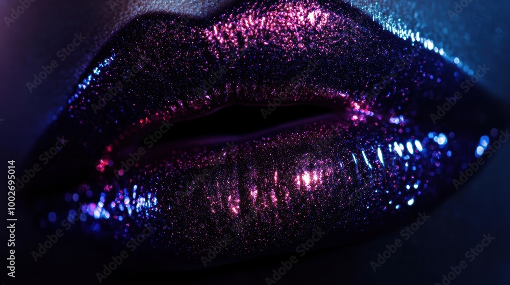 Poster Close-up of vibrant glossy lips reflecting light with a shiny finish, showcasing unique color play and texture in a playful ambiance. Generative AI