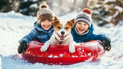 Smiling children with dog ride down on inflatable tubing sleds on sunny day. Inflatable sleds for active winter family recreation. Winter resort. Winter holidays. Happy kids on tube sliding down hill