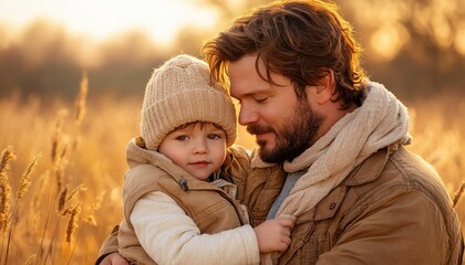 Obraz premium Father and Son Embrace in Golden Light A Tender Moment of Love and Connection Captured in a Field of Tall Grass, A Powerful Image Representing Unbreakable Bonds and the Beauty of Fatherhood