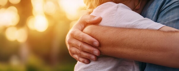Father's Love A Tender Embrace, Warmth and Protection in a Single Moment A father's arms wrapped tightly around his child, exuding care and love, a timeless image of paternal bond This heartwarming