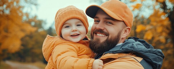 Father's Day Love A Warm Embrace, Happy Dad Holding His Little One in Autumn Colors, A Moment of Pure Joy and Protection