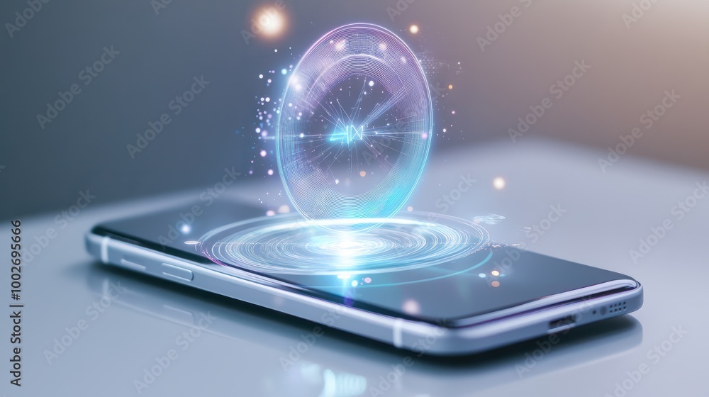 Poster close-up of a smartphone projecting a 3d hologram on a gray background