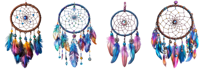 colorful dreamcatchers hanging with vibrant feathers and beads transparent background