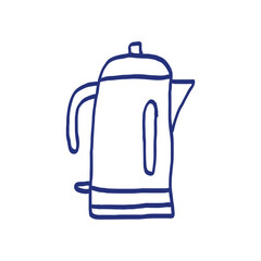 Kettle. Kitchenware sketch. Doodle line vector kitchen utensil. Hand drawn illustration. Black and white outline icon