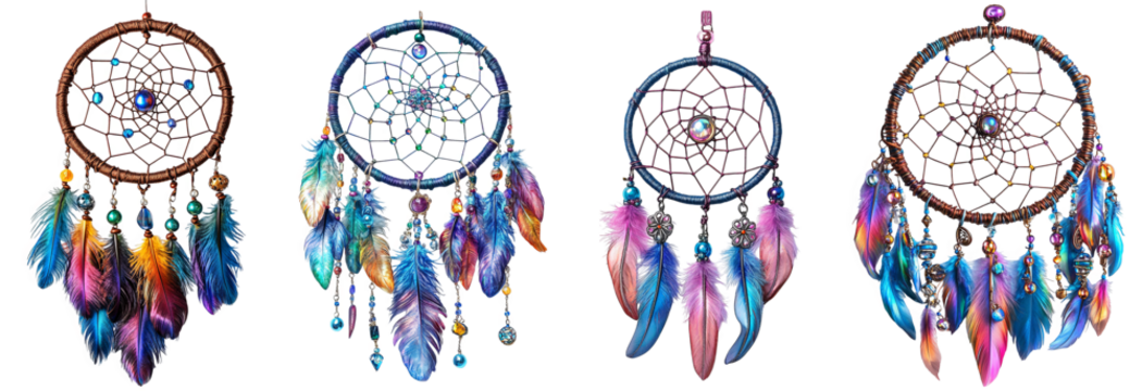 colorful dreamcatchers hanging with vibrant feathers and beads transparent background