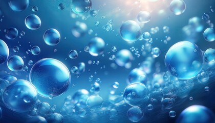 透明な青い水の泡が浮かぶ構図で、エーテル的な背景が軽やかさと爽やかさを感じさせ、泡の透明感を引き立てる光と反射が特徴。

