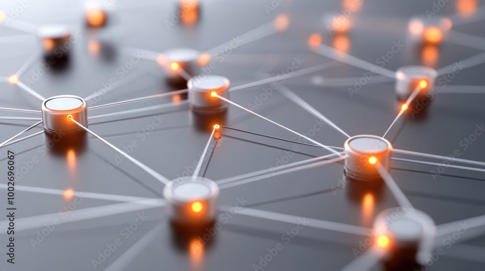Poster digital network of glowing nodes and connections on a gray background, representing data flow and gl