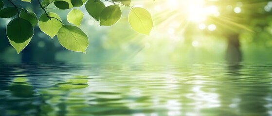 Sunlight shining through green foliage, abstract bokeh reflection in rippled water