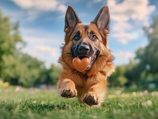 Happy German Shepherd Dog Leaps for Heart-Shaped Frisbee, Exuding Joy and Loyal Friendship in a Sunny Park Canine Playfulness, Love, and Unconditional Bond Perfect for Pet Owners, Dog Lovers, and