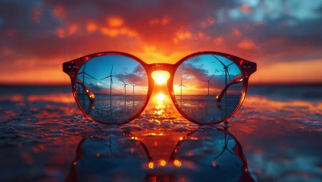 A pair of red-framed glasses lies on the beach, reflecting a vibrant sunset and wind turbines, capturing the essence of eco-consciousness and natural beauty.