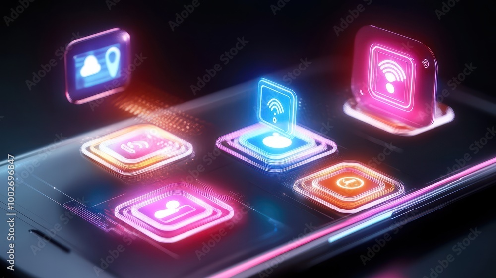 Poster glowing ai assistant icons floating on a black background, emphasizing smart technology and digital 