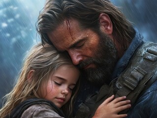 Fototapeta premium Tender Embrace A Father's Love for His Daughter in the Rain This heartwarming image captures the strong bond between a father and his little girl, showcasing the powerful emotions of protection
