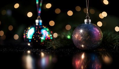 A colorful Christmas ornament on a black background with bokeh sparkles.
