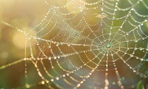 Spider web is shown in a green field with water droplets on it. The web is very intricate and has a lot of detail. Scene is peaceful and serene, as the spider web is a natural. hyperrealistic Video