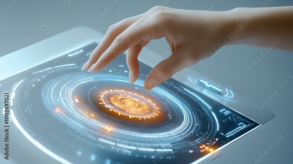 Poster hands interacting with a futuristic touchscreen interface, isolated on a gray background
