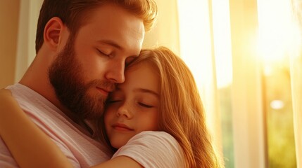 Tender Fatherly Love A Dad's Gentle Embrace, Holding His Child Close, Expressing Unconditional Affection and Deep Bond, Capturing Moments of Pure Joy and Security, A Symbol of Fatherhood, Family, and