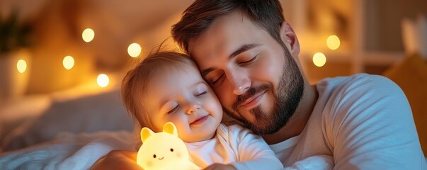 Tender Moments A Father's Love for His Child, A heartwarming photo of a father hugging his daughter under a soft glow, showcasing the unbreakable bond between parent and child This image captures the