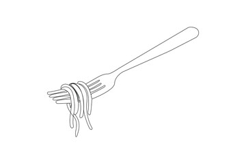 Eating noodles with fork continuous line art. Fork with noodles outline vector illustration.