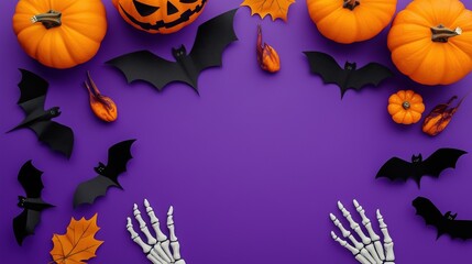 Spooky Halloween flat lay with pumpkins, bats, and skeleton hands on purple background, top view composition for holiday decorations. Festive Halloween design with dark colors and space for text, perf