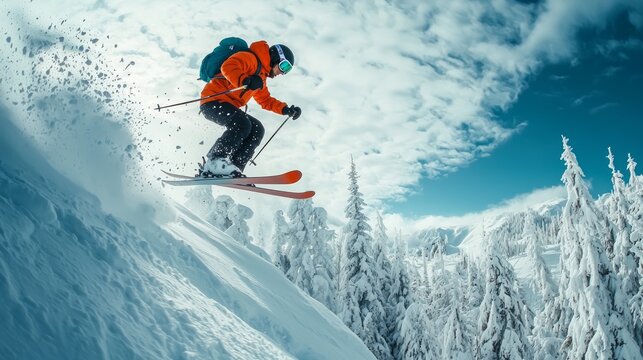 Skier jumping in the air on a snowy mountain slope