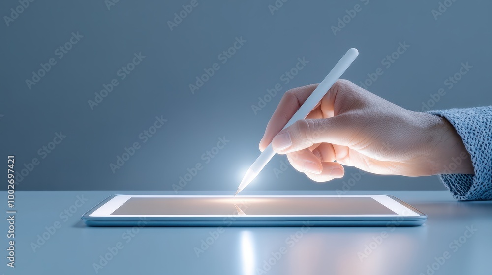 Poster hands using a digital stylus on a tablet, set against a gray background, emphasizing creativity and 