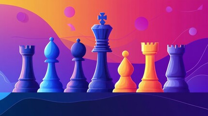 Chess pawn, king, bishop for business strategy concept. analysis target and positioning. web banner illustration