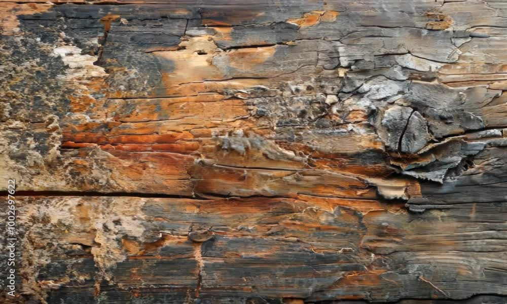 Poster the image is of a piece of wood with a lot of burn marks on it. the burn marks give the wood a rusti