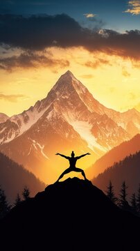Shiva performing Parvatasana mountain pose, his body merging with the peaks of the Himalayas, symbolizing unity with nature, Shiva, yoga, mountain
