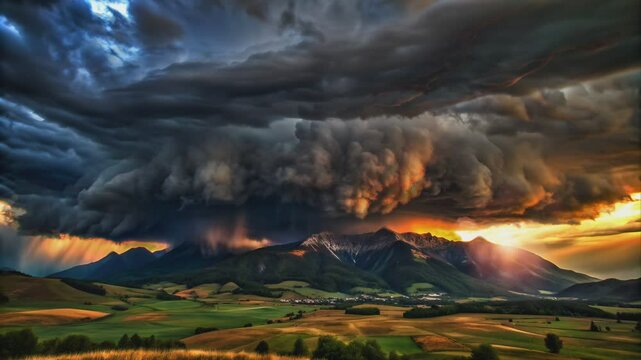 Dramatic Storm Clouds Over a Mountain Range and Rolling Hills