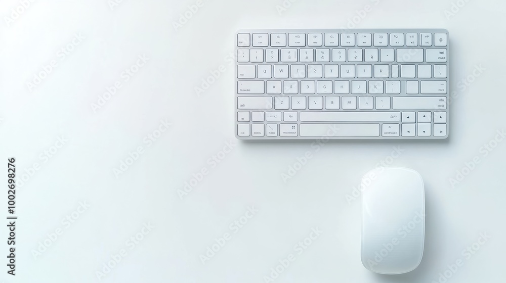 Poster minimalistic flat lay of a wireless keyboard and mouse on a pure white background, highlighting slee
