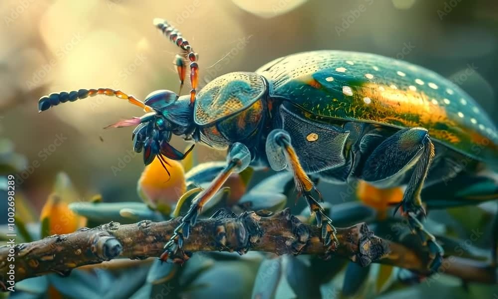 Poster green bug with yellow spots is on a branch. the bug is looking down at something on the branch. hype