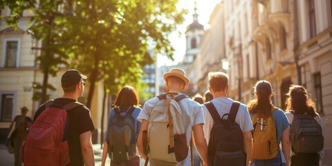 City Tour: A group of tourists on a guided tour in a European city