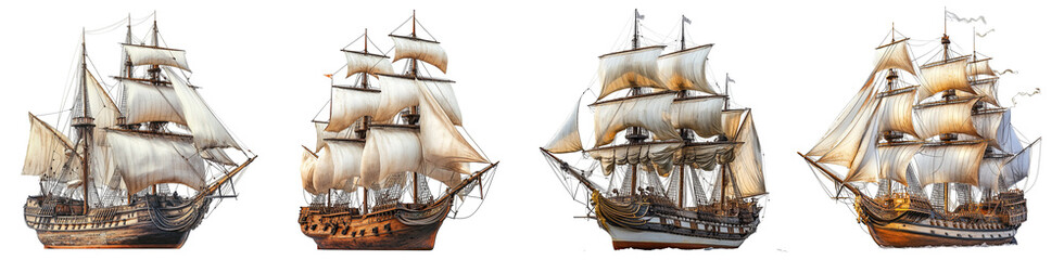 four detailed sailing ships side by side showcasing majestic beauty transparent background