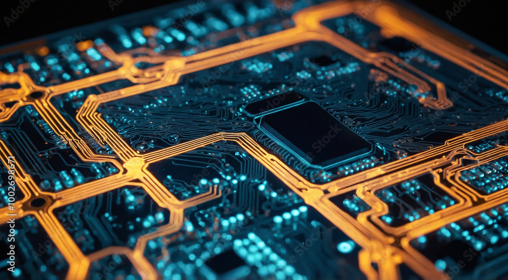 Poster close-up of intricate circuit board patterns with glowing lines, representing technology and innovat