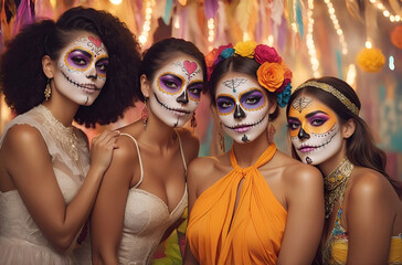 a group of beautiful women with painted sugar skull on their face for Mexico's Day of the Dead