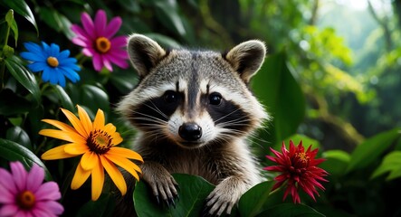 A curious raccoon peeking out from behind colorful flowers in a lush rainforest