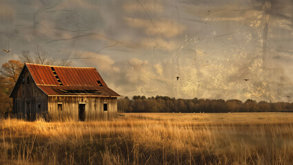 Fototapeta premium A simple barn in a field, the rustic textures enhanced by the golden light