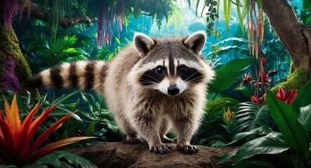 A fluffy raccoon exploring a tropical jungle surrounded by vibrant trees and plants