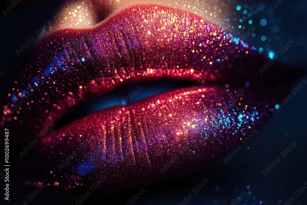 Poster Glossy close-up of vibrant lips with a shiny finish showcasing sparkly details in a dramatic lighting setup at evening. Generative AI