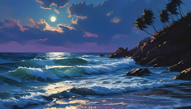 Serene moonlight bathes a tranquil ocean shore with rolling waves