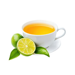 Refreshing cup of green tea with lime and leaves