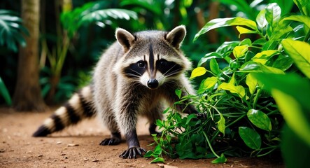Obraz premium A playful raccoon rummaging through bright green foliage in a lively jungle