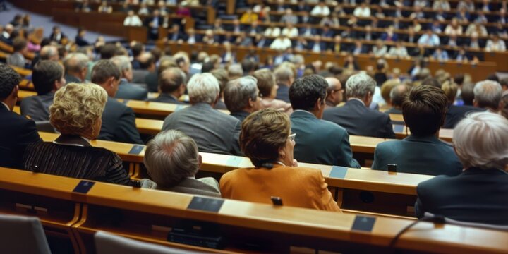 Parliamentary Debate: Politicians debating inside the European Parliament chamber