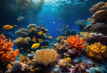 breathtaking underwater still life featuring vibrant marine life rich colors intricate details aquatic plants, coral, fish, scenery, ocean, sea, fauna, flora