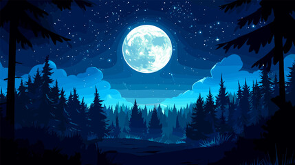 Naklejka premium Night forest cartoon landscape. Full moon starry sky with pine midnight scene, star light moonlight wild nature fantasy game panoramic scenery background vector illustration