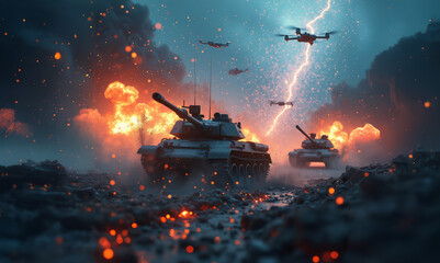 Artificial Intelligence in warfare system illustration. Epic fight scene with drones, tanks in motion, and neural connections above battlefield. Ukraine-Russia war crisis.