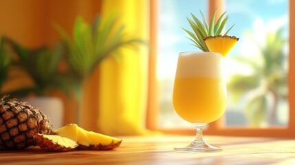 A refreshing pineapple cocktail with a slice of pineapple and a sprig of green leaves in a tall glass.