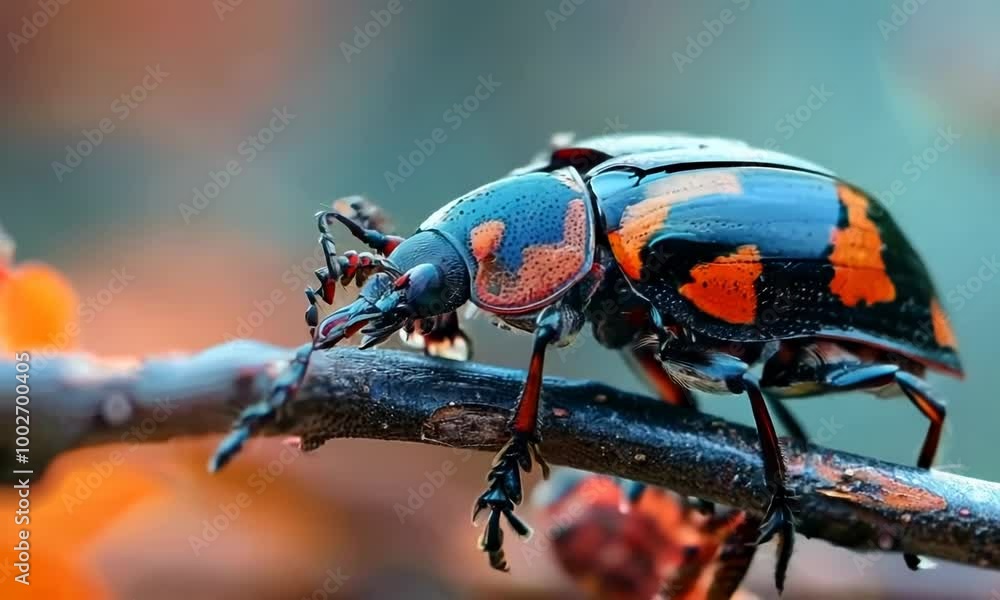Poster colorful bug is on a branch. the bug is orange and black. the branch is brown. hyperrealistic video
