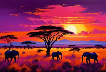 expansive savanna landscape showcasing diverse wildlife silhouettes vivid sunset background, aerial, afari, africa, animals, ambiance, beauty, biodiversity