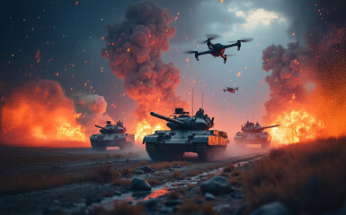 Artificial Intelligence in warfare system. Epic battle with drones and tanks in motion. Vibrant colors depicting chaos and energy. Ukraine-Russia war crisis.